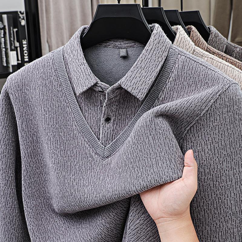 

Men s Thick Fleece-Lined Knitwear: Two-Piece Look, Autumn/Winter Style for Middle-Aged & Young Casual Wear. XL