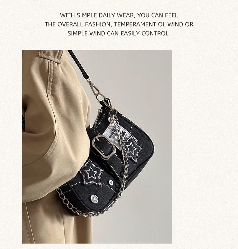 2024 Trendy Star Denim Underarm Retro American Poster Chain Shoulder Bag
