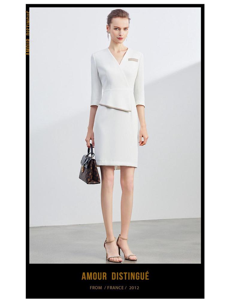 Formal Pleated V-Neck Slim Dress for Beauty Salon Receptionist