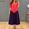 Women Casual V-Neck Short Sleeve Loose Patchwork Long Dress