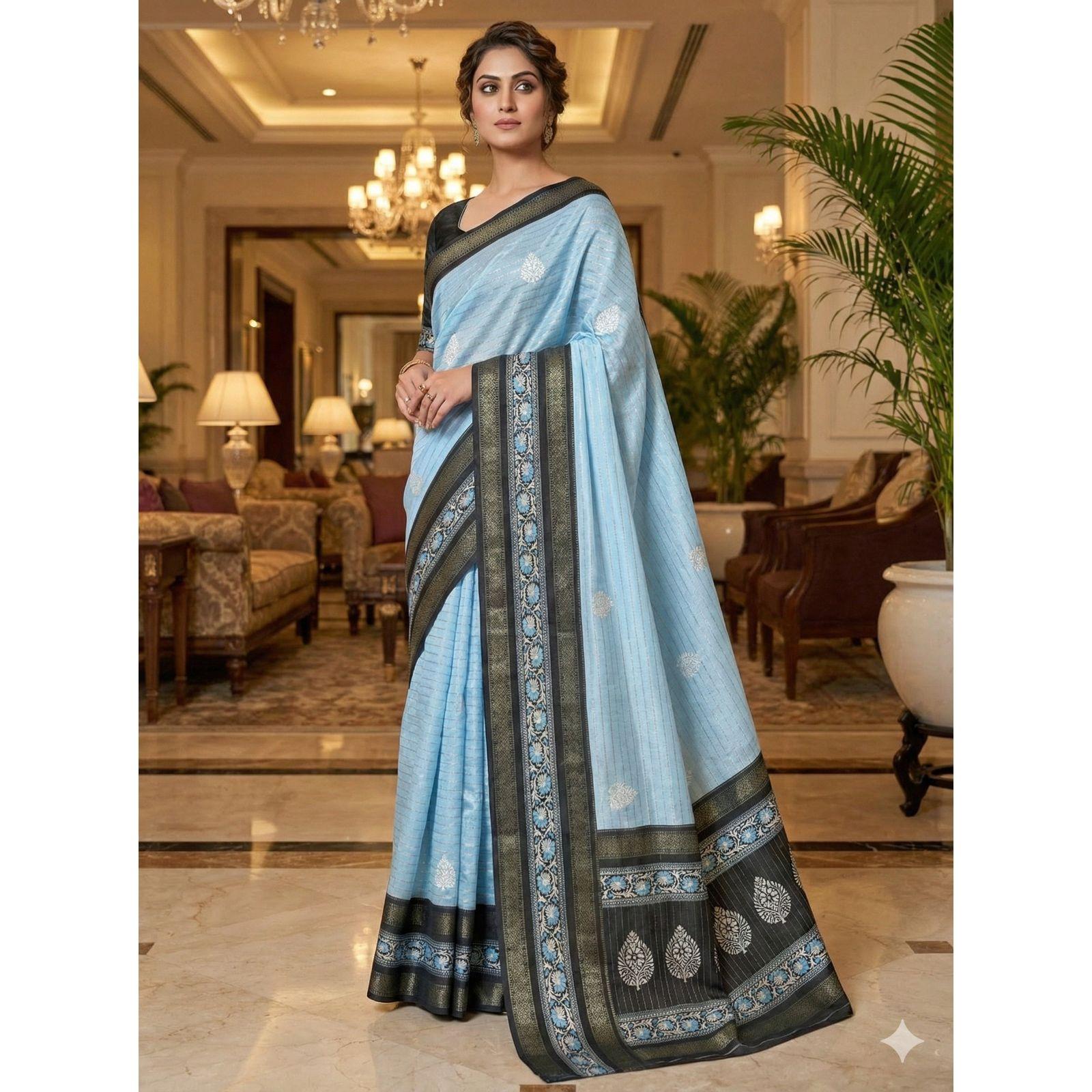 Exclusive Designer Dola Silk Digital Print Saree – Premium Rich Pallu Lace Elegance небо