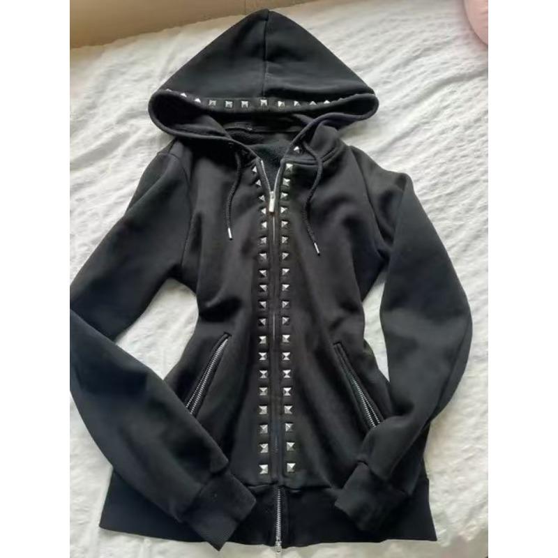 TrendHub Y2K Nová Emo Móda Zip s Nýty Mikina Dámská Harajuku Černá Oversized Mikina Gotická Retro Klasická Mikina Podzimní Oblečení
