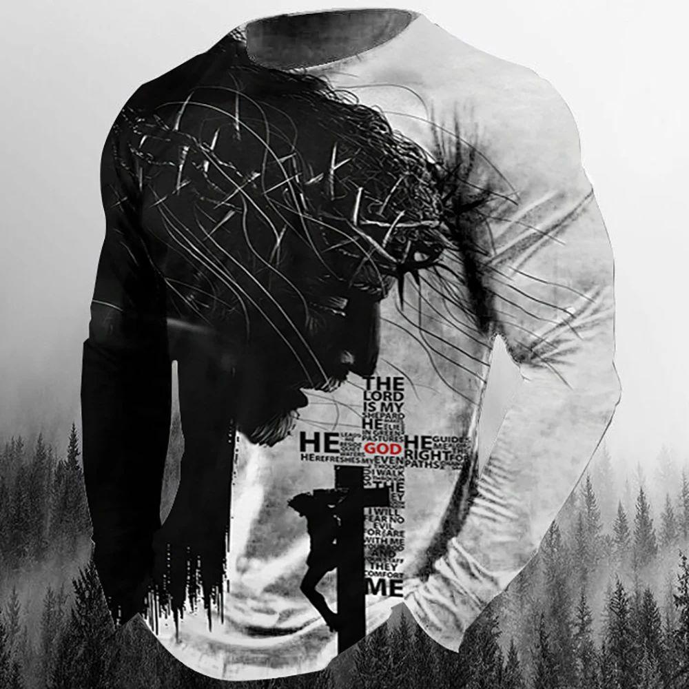 Camiseta de manga larga informal de moda para hombre con estampado 3D retro de Jesucristo, personalidad callejera, cuello redondo holgado, estilo Harajuku, top de gran tamaño