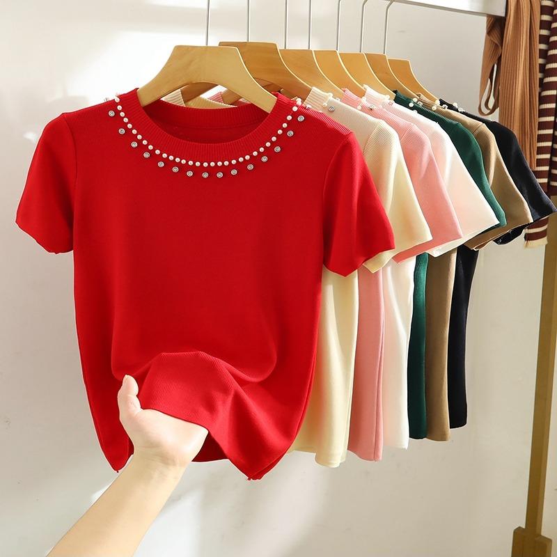 

Модная облегающая повседневная футболка с коротким рукавом, женская летняя трикотажная простая футболка с бисером, женские топы, элегантные милые однотонные женские футболки с круглым вырезом 26021 One Size красный