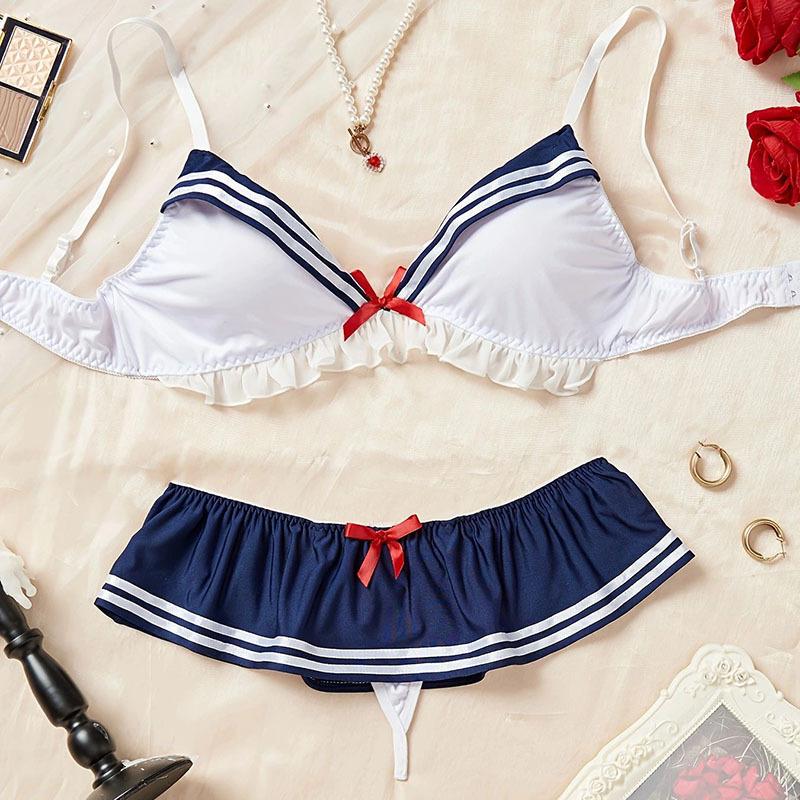 Japanese Blue White Cute Sexy Sailor Style Lingerie Set Sexy Uniform Lingerie Boudoir Photo Clothing Props Comfortable Fabric