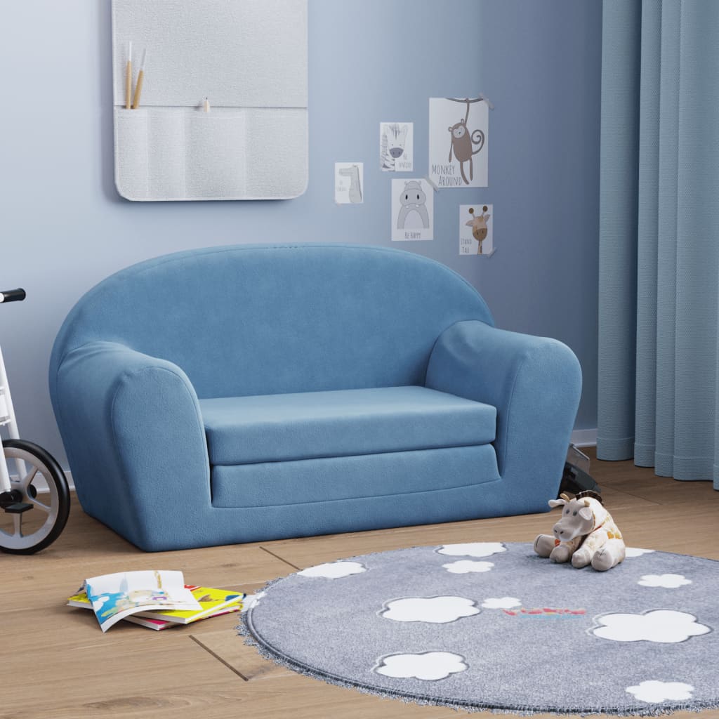 Vidaxl 2-Os. Sofa For Children, Fold-out, Blue, Soft Plush