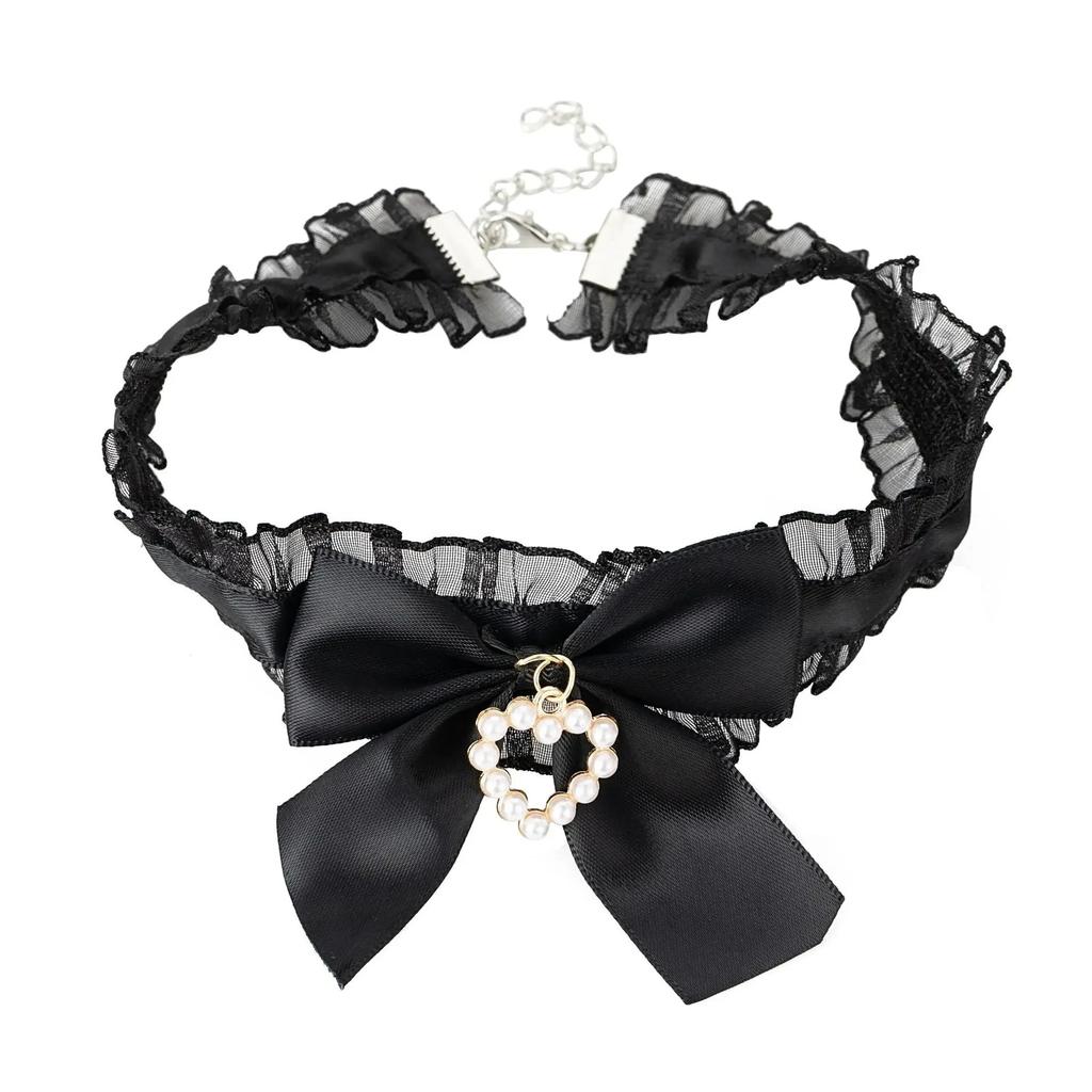 Sweet Satin Ribbon Choker Necklace with Pearl Heart Pendant & Sheer Ruffle Trim – Cute Coquette/Kawaii Collar Jewelry for Women