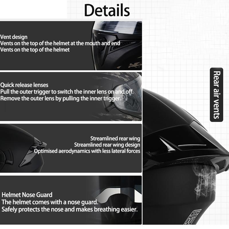 Uchoose DOT Modular Helmet Full Face Helmets Crash Motorbike Protective Gear Unisex Flip Up Helmet Motorcycle Double Sun Visor