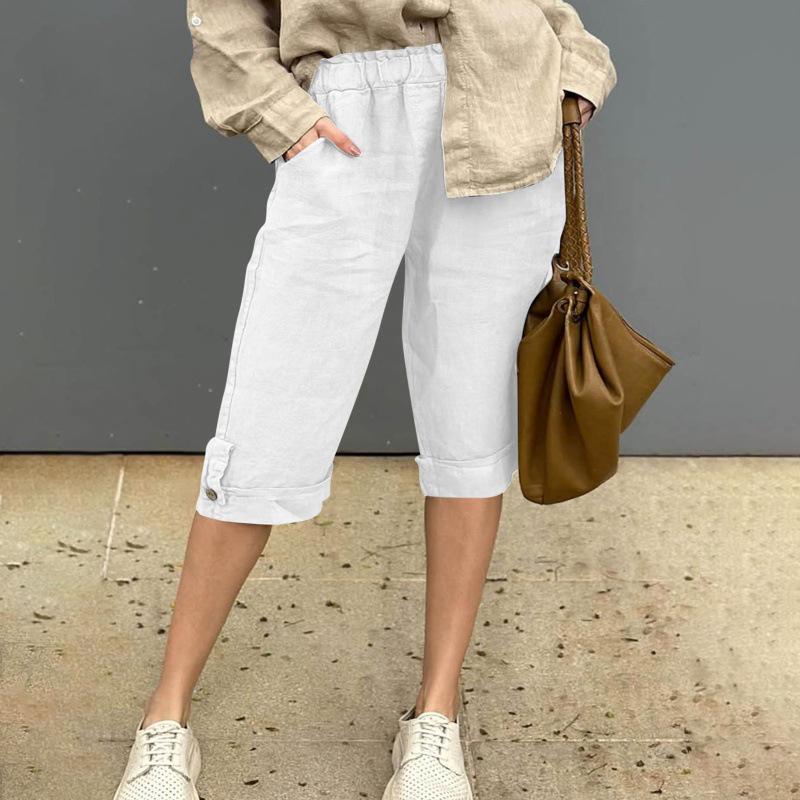 European & American Cotton Linen Casual Pants with Elastic Waist and Pockets, 7/8 Length, Pure Color.