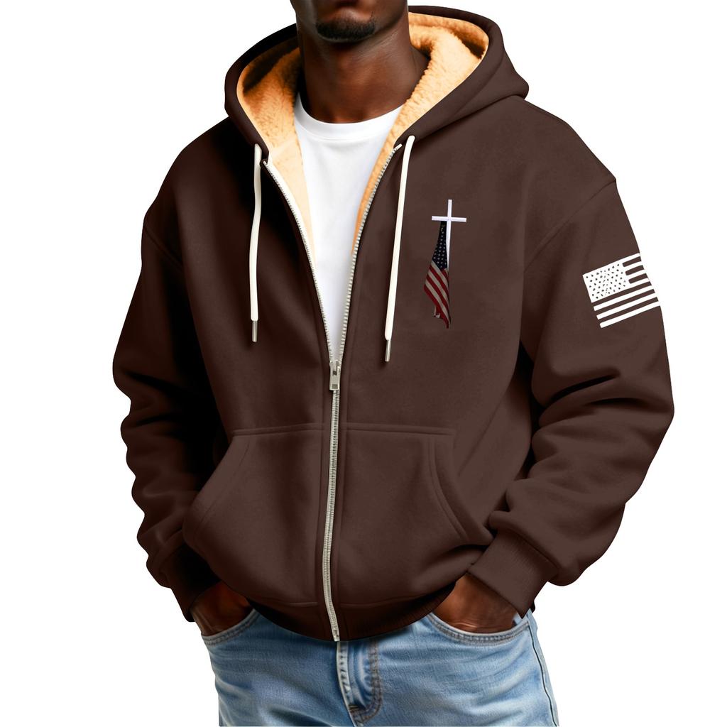 Men's Flag Print Fleece-Lined Zip-Up Pocket Hooded Sweatshirt Cardigan Men's Casual Sweatshirt Cardigan