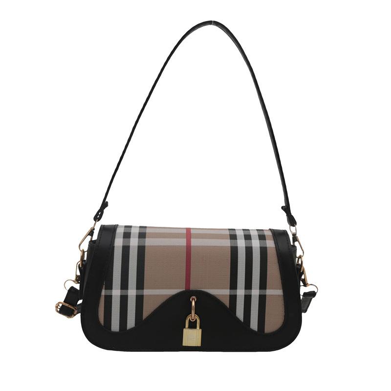 Fransız niş koltuk altı çantası ekose kontrast renk omuz askılı küçük kare çanta basit retro kilit kadın çantası