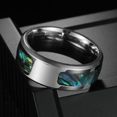 Customizable Fashion 8mm Stainless Steel Ring for Men Women Colorful Abalone Shell Inlaid Ring Men Wedding Party Jewelry