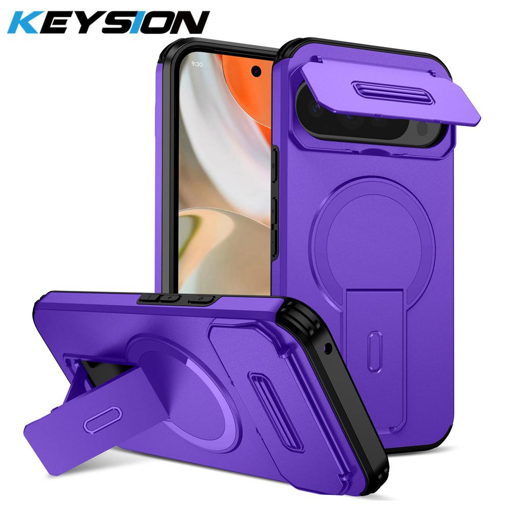 

KEYSION Shockproof Magnetic Case for Google Pixel 9 10 Pro XL Slide Camera Protection Kickstand Phone Cover for Google Pixel 9A for Pixel 9A фіолетовий