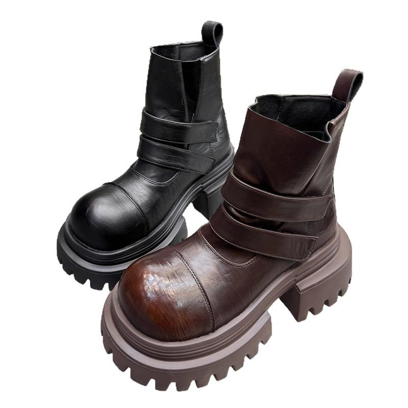 Leather Martin boots women's muffin thick sole heightening small thick heel short boots handsome locomotive boots Chelsea boots