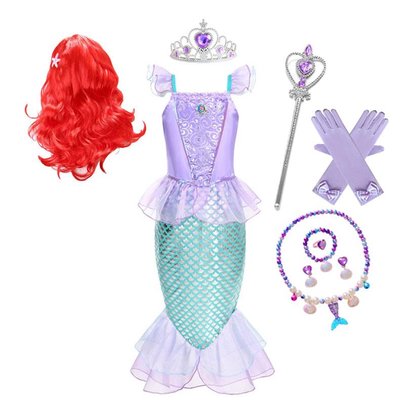 Mermaid Ariel Costume Girls Short Sleeve Fish Tail Shape Cosplay Princess Dress Halloween Carnival Birthday Party Dresses