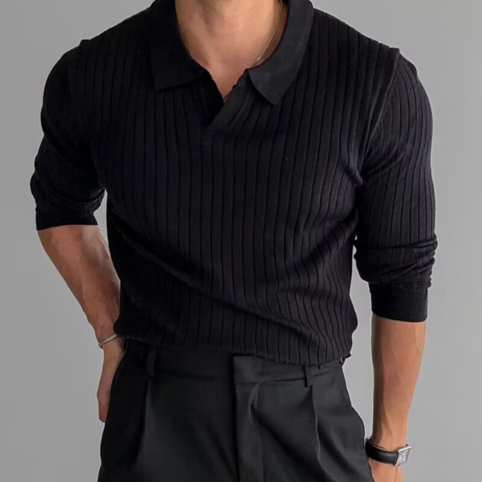 

Men s Knitted Top Lapel Pullover Long,sleeved T,shirt XXXL чорний
