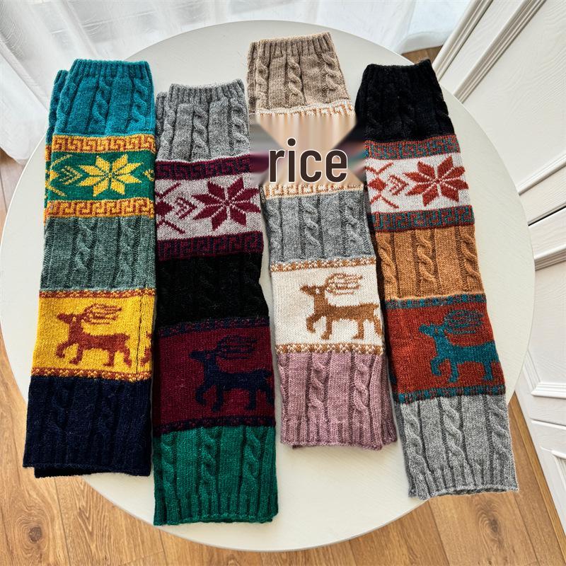 British Retro Wool Knit Scrunched Snowflake Reindeer Christmas Leg Warmers