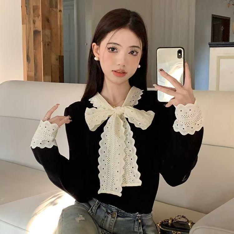 French Ribbed Lace Trim Slimming Top: Chic Autumn/Winter Base Shirt