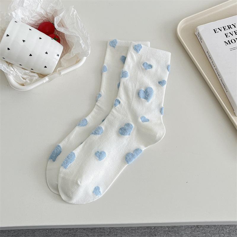 Ladies' Mid-calf Socks for Spring and Summer Are Sweat-absorbing, Flocked, Heart-shaped Polka Dot Socks with A Cute Color Contrast and A School Style