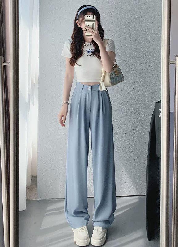 Women's High Rise Wide Leg Pants Loose Fit American Trend Drapey Straight Leg Pocket Polyester Casual Long Trousers