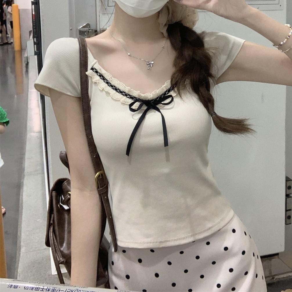 Bow splicing lace short-sleeved shirt women's collar slim-fitting and thin short knitted sweater top summer