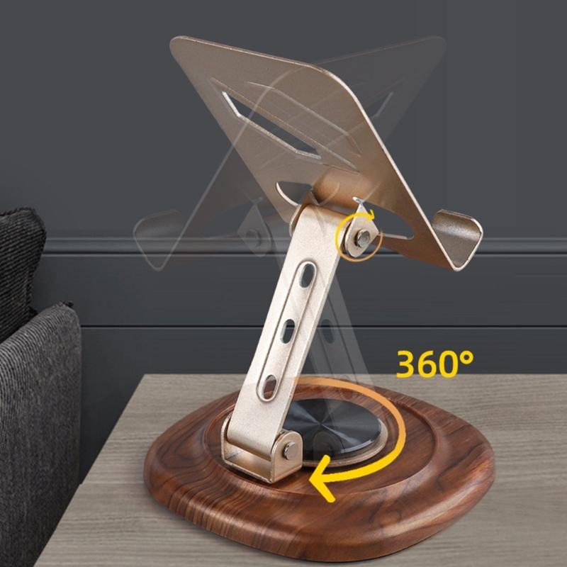 Support de téléphone en métal Support Rotation à 360 degrés Ergonomique Pliable Portable Base en bois de noyer Port de chargement inclus