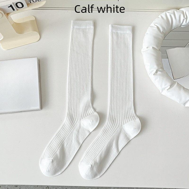 Ladies Summer Thin Vertical Bar College High Tube Calf Cotton Socks