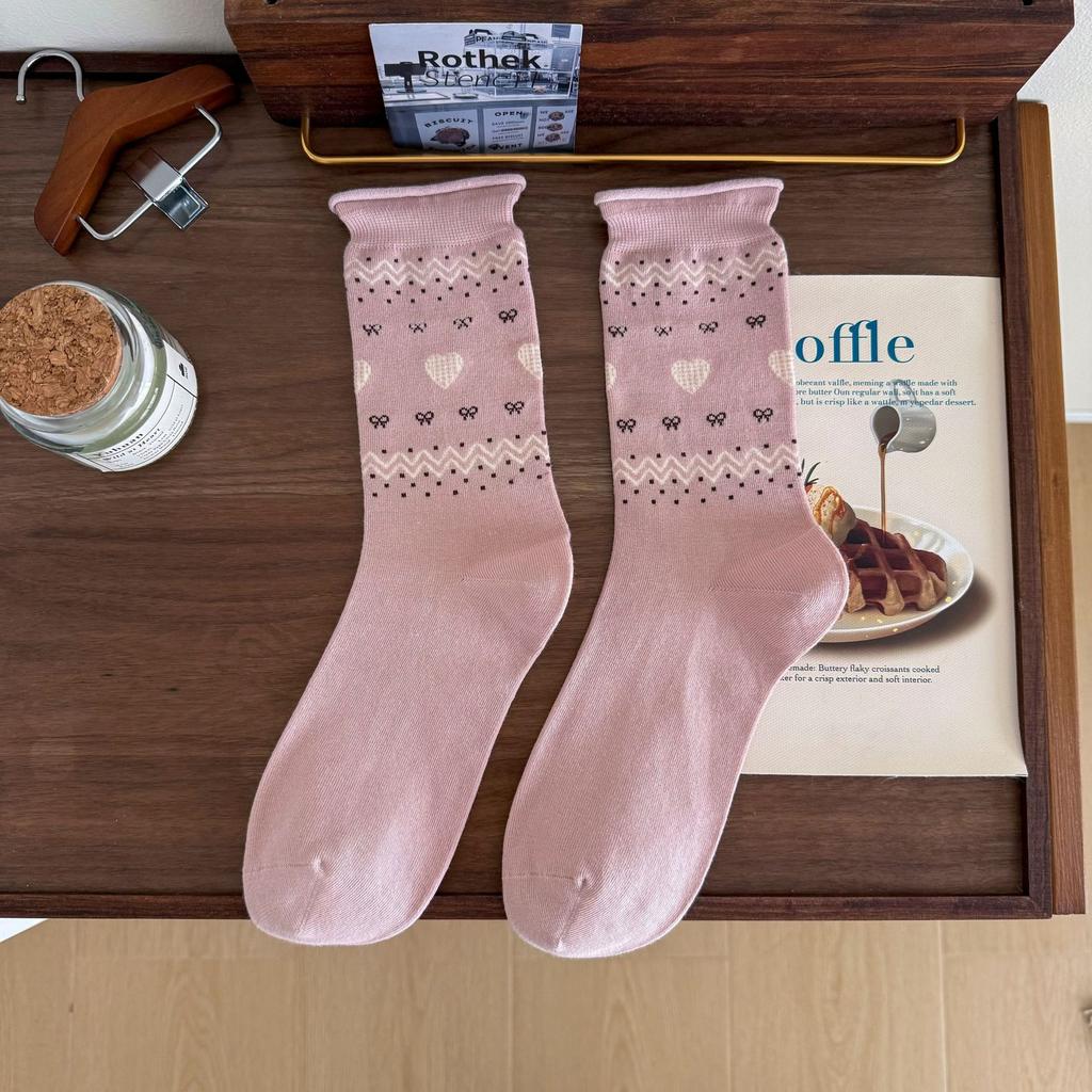 White Mid-Leg Socks, Style Bow Love Rolled Hemmed Cotton Socks, Korean Collegiate Style