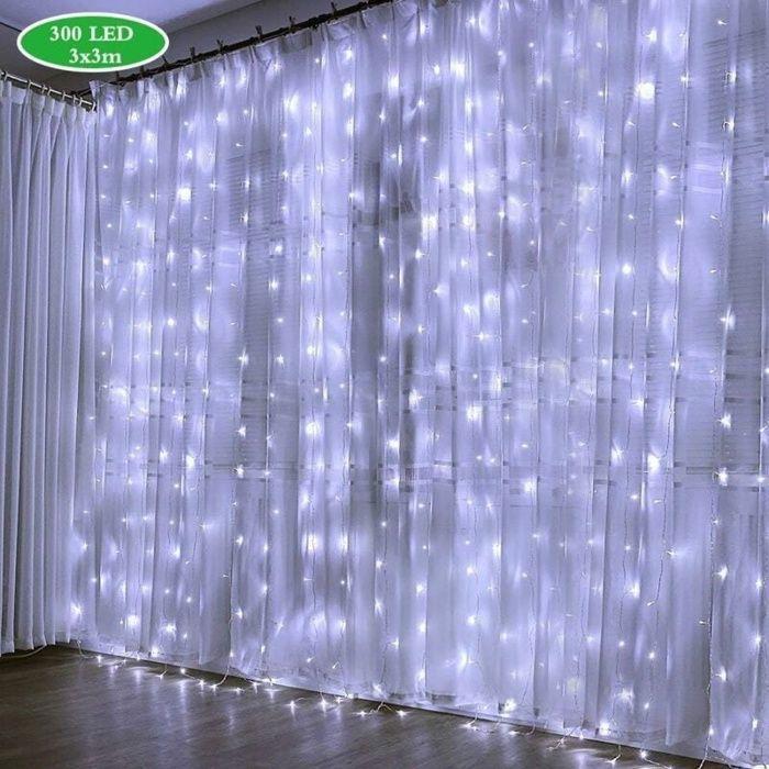 Rideau lumineux LED blanc 3x3 m, 300 LED, 8 modes, télécommande, IP44, transformateur GS