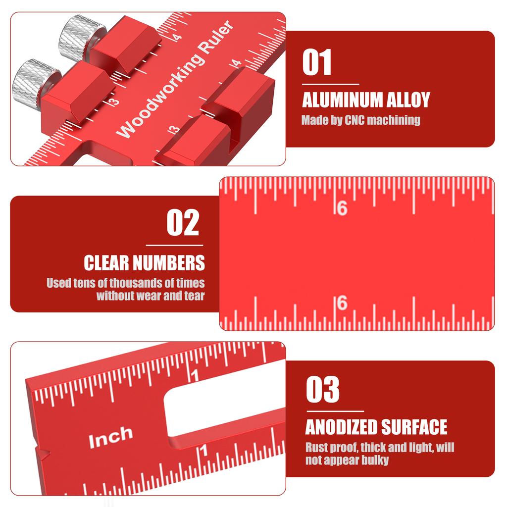 Precision T Type Pocket Ruler Inch Metric Measuring Tool with Slide Stop for Carpentry Marking 3Pcs Woodworking Scribing Ruler
