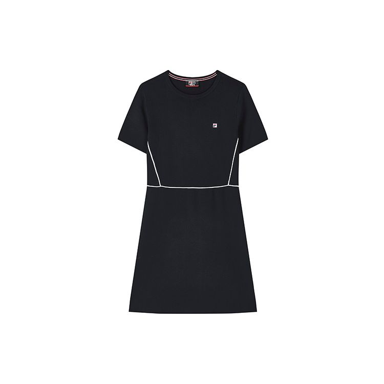 FILA Logo Solid Color Round Neck Fashion Elegant Waist Slimming Simple Short Sleeve Dress Women dresses Legendary-Blue F11W321312FNV