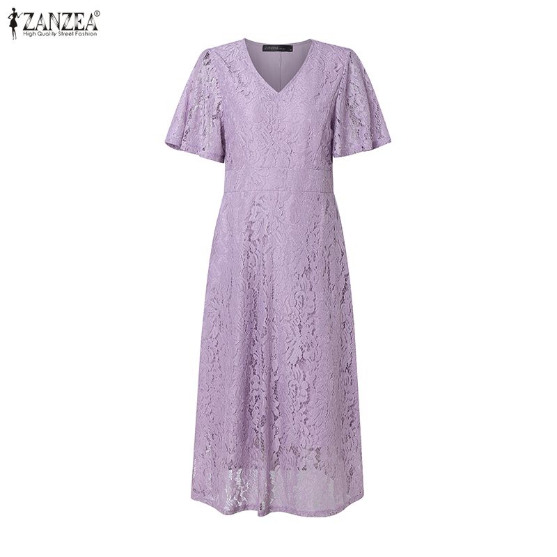 ZANZEA Women Elegant Lace Patchwork Casual V-Neck Short Sleeve Dress