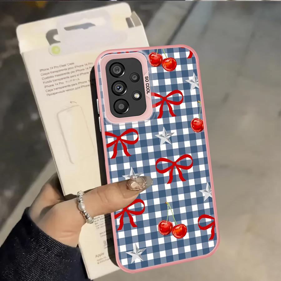 Case for Samsung Galaxy A12 A31 A24 A25 A17 A20s A26 A13 A14 A35 A21s A23 A15 A16 A34 Phone Cover Cherry Checkered Pattern
