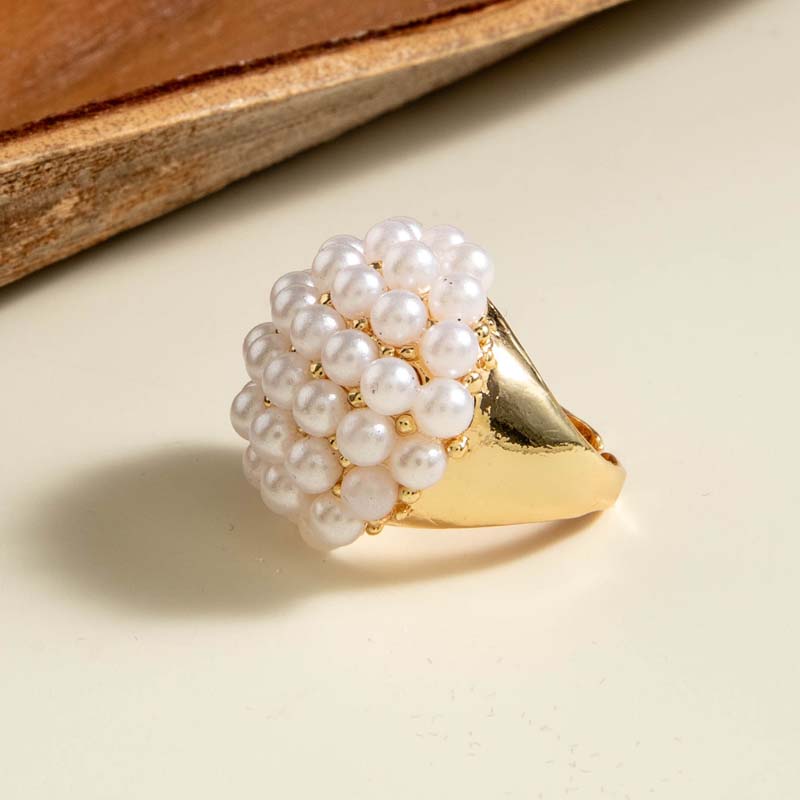 

Vintage Gold Color Imitation Pearl Flower Open Rings For Women Exaggerated Metal Irregular Geometric Finger Rings Zircon