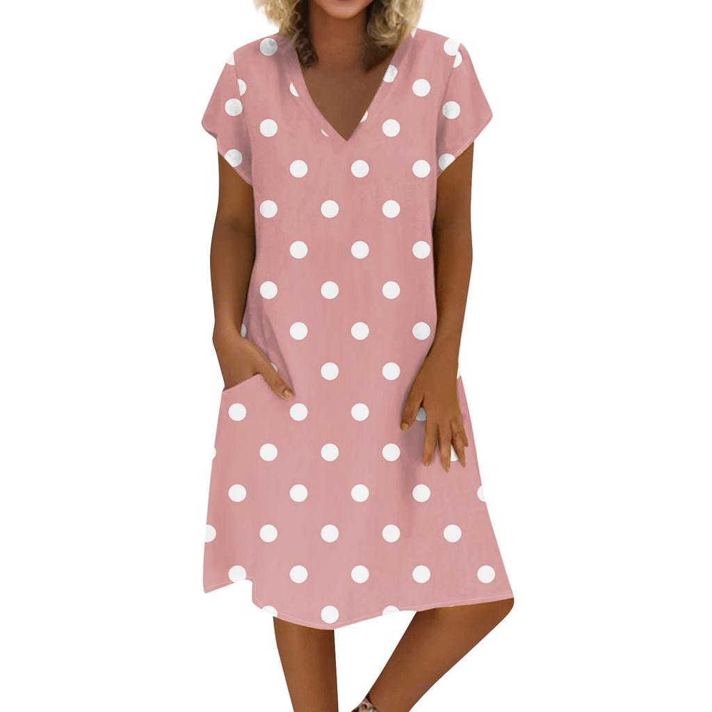 Women's Summer V-neck Short Sleeve Printed Cotton And Linen Dress