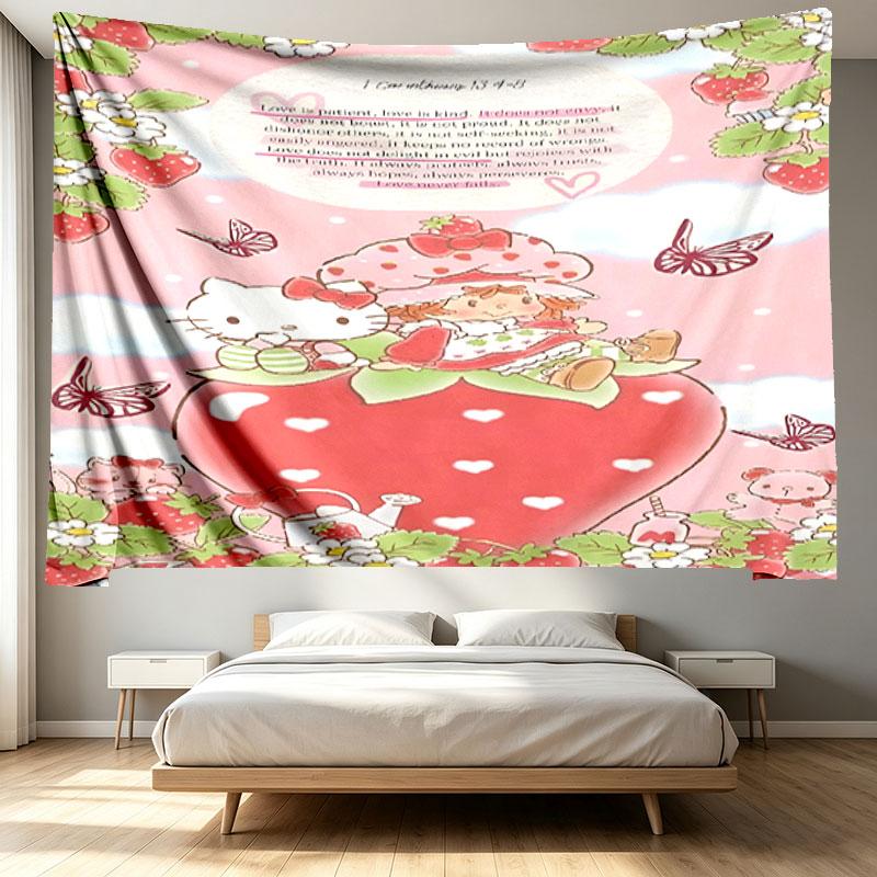 Strawberry Shortcake Print Tapestry - Portable Wall Decor Cloth, for Home, Dorm, Travel, Bedroom, Living Room - Ideal Birthday Housewarming Gift