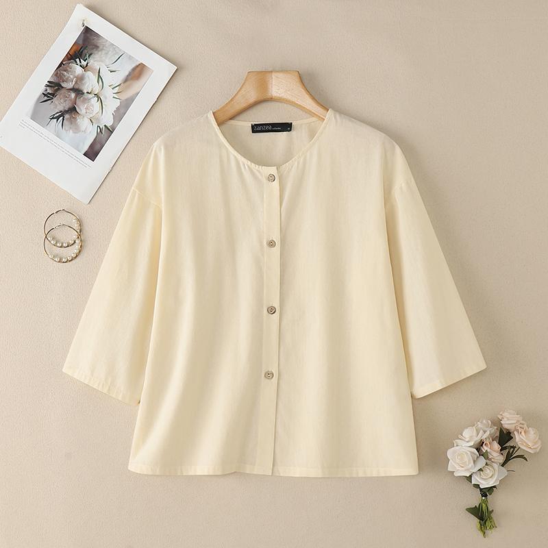 ZANZEA Women Round Neck 3/4 Sleeve Loose Casual Blouse
