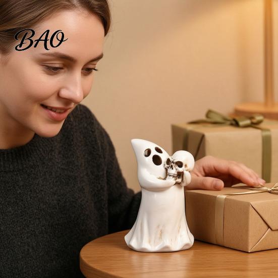 Decorative Light Holder Halloween Ghost Figurine with Skull, Resin Statue for Tabletop Decor, Retro Craft Gothic Ornament Home Desktop Window