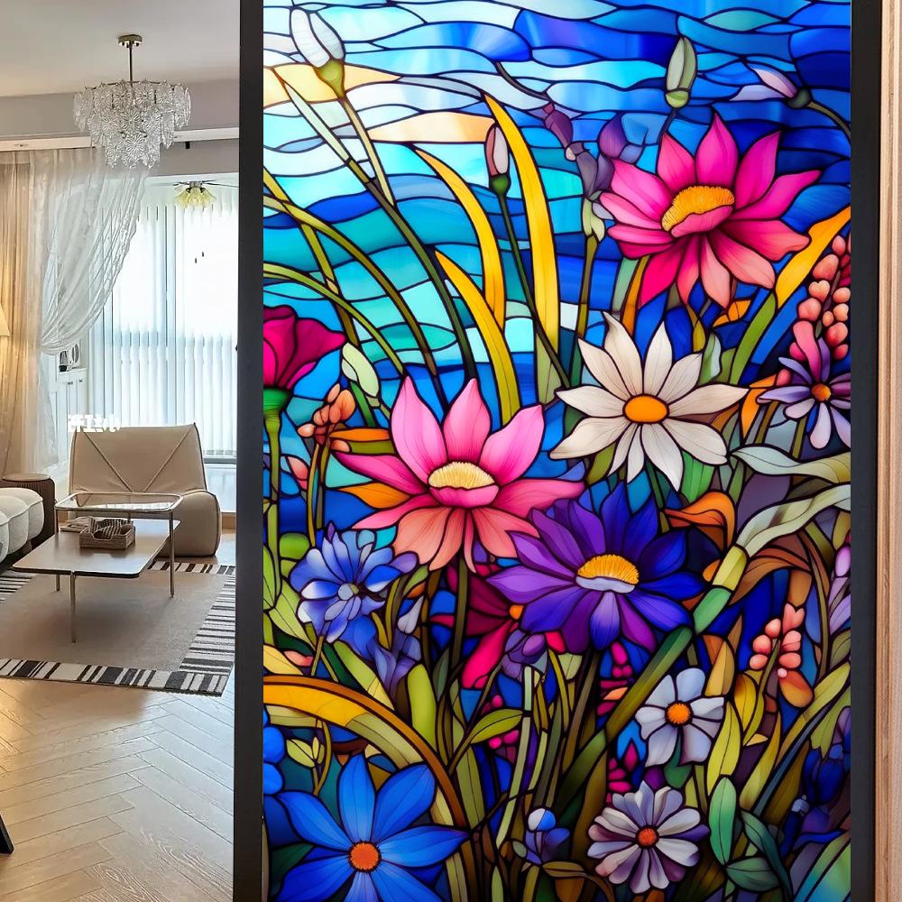 Colorful Retro Floral & Bird Static Cling Window Film - No Glue, Removable