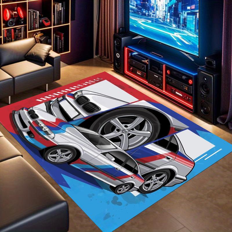 White Racing Sedan Tricolor Livery Comic Print Area Rug Non‑Slip Rectangular Floor Mat Auto Fan Decor for Gaming Bedroom Living Room