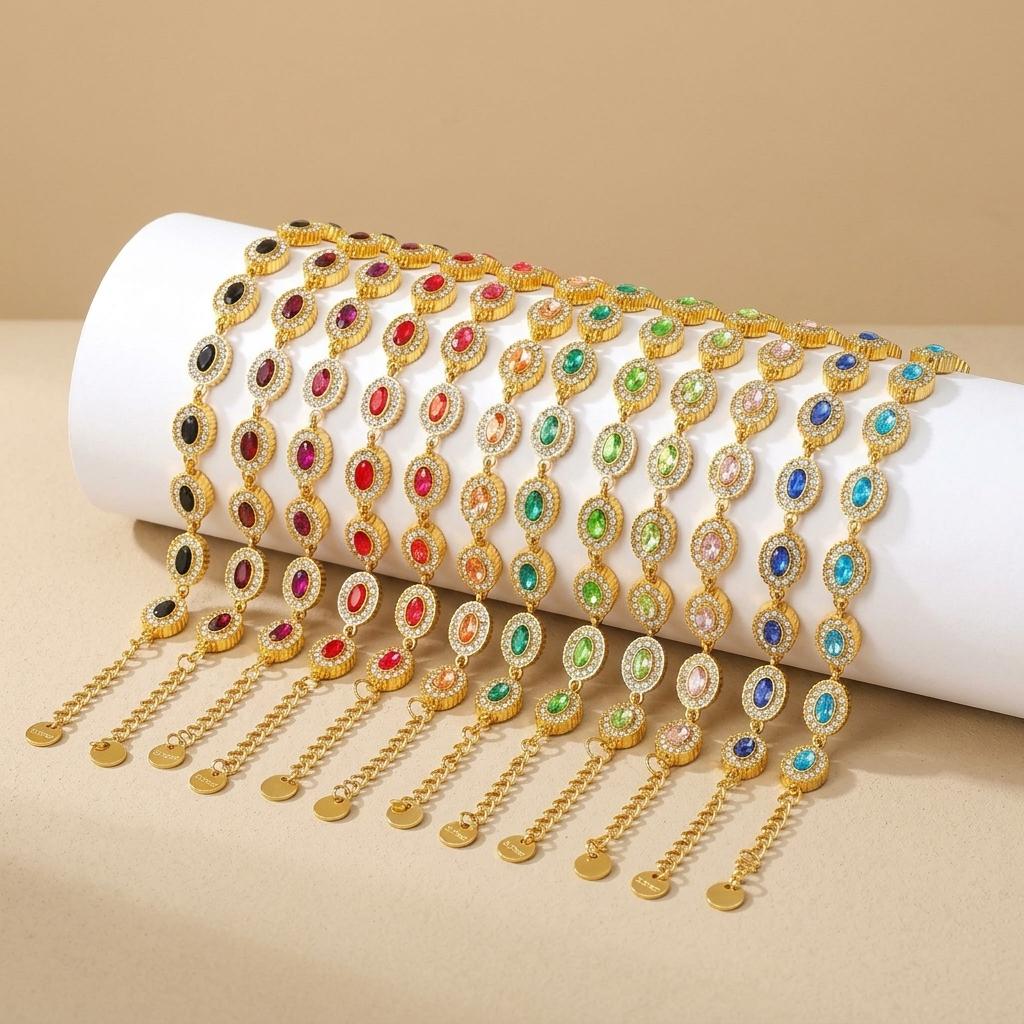 Gold Plated Stainless Steel CZ Bracelet for Women, Oval Zircon Halo Charm Bracelet, 12 Colors, Hypoallergenic Waterproof Gift