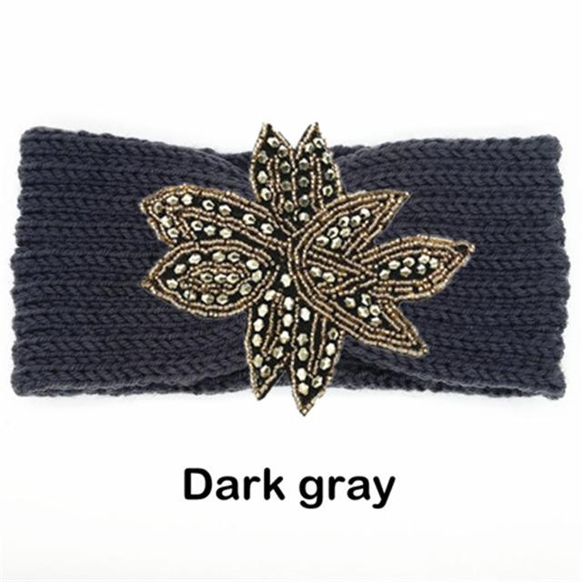 Crystal Beaded Flower Knit Headband For Women Winter Wool Ear Warmer Hairband Turban Headwrap Hair Accessories Bandeau