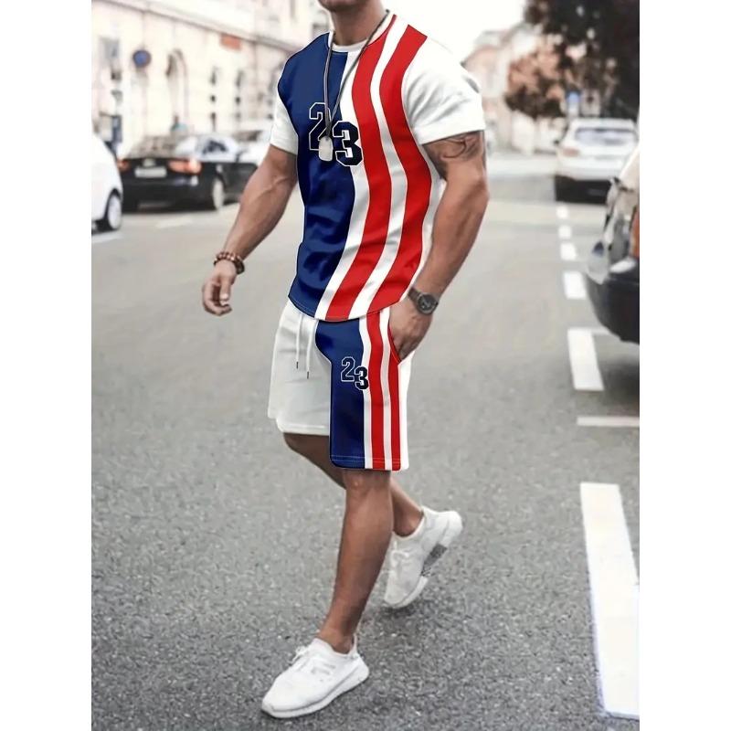 New T-shirt Set 3d Printed Digital Ball Suit Pattern Men's Summer Fashion Casual Street Style Crew-neck T-shirt And Shorts