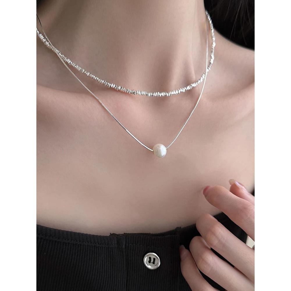 Silver-dusted Freshwater Pearl Double-layered Layered Necklace, Collar Chain, Elegant and Cool Style Neck Chain