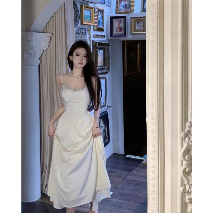 

French retro dress summer temperament v tie diamond fine flash elegant suspender dress S абрикосовый