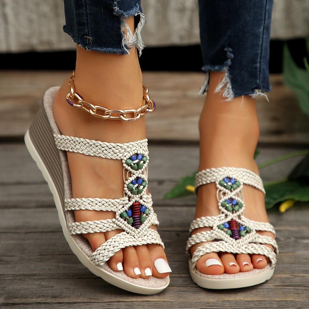 Plaid Thick-soled Slope Heel Cool Slippers Women's Summer New Light Outer Wear Beach Sandals