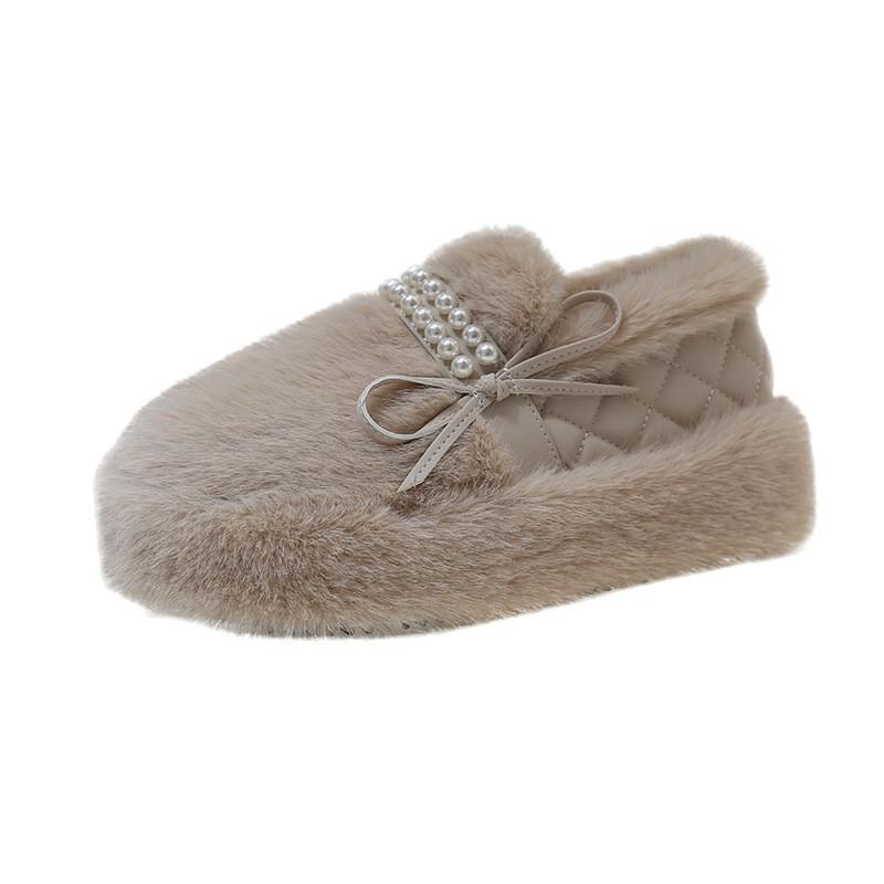 Plush Thick-soled Fluffy Shoes for Women's Outer Wear 2025 New Winter Pearl Bow Small Fragrant Soft-soled Cotton Shoes