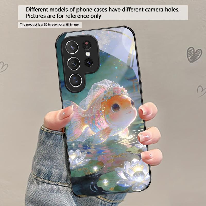 

Cute white veil goldfish For Samsung Galaxy S20 S21 S22 S23 Plus S24 FE S25 Ultra S26 Edge S25+ S20+ S22+ Black Glass Phone Case Galaxy S26
