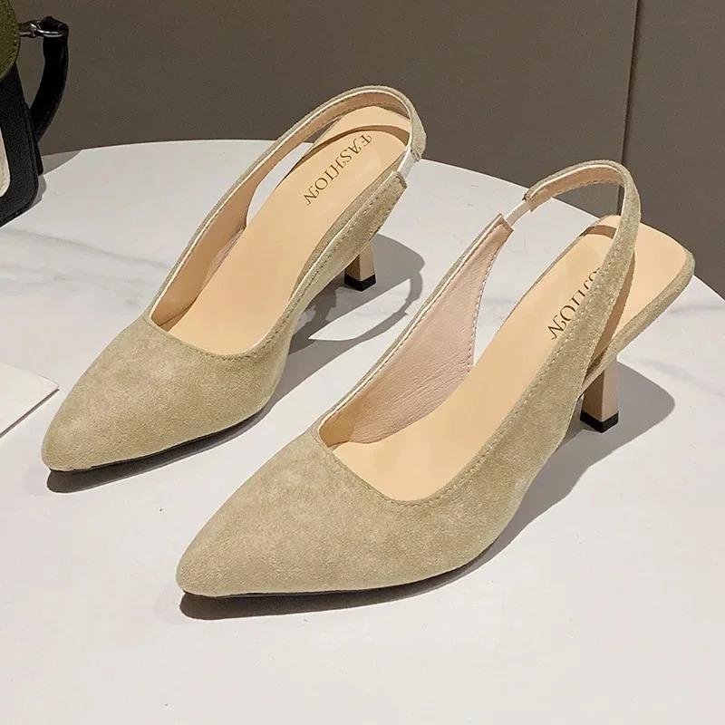 Modes franču stila sieviešu augstpapēžu kurpes 2025. gada vasaras jaunas elegantas mākslīgās zamšādas smailgalu seksīgas ballīšu sandales vienas kurpes liels izmērs 43