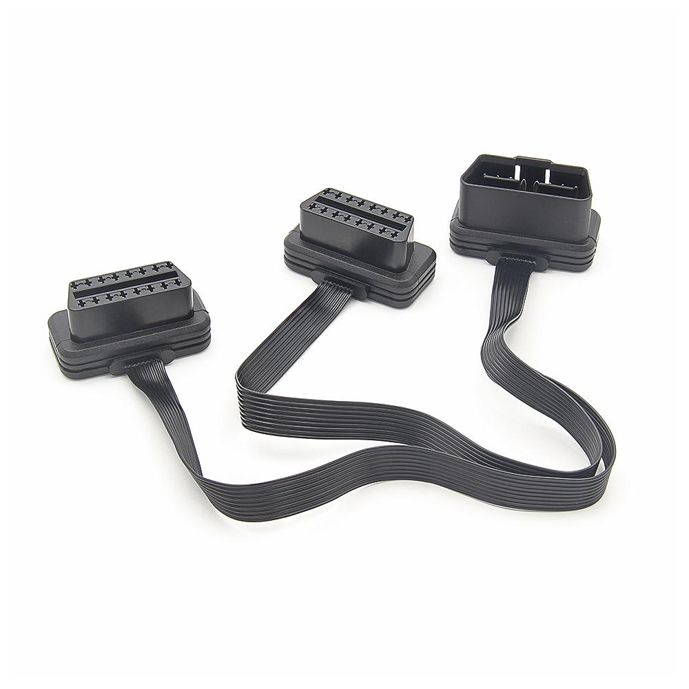Flat+Thin 16Pin OBD 2 Extender Male To Dual Female Y Splitter OBDII Extension Connector Cable Car Scanner